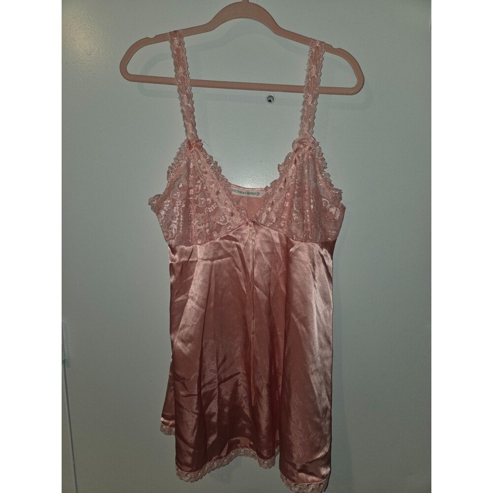 Victoria’s Secret Womens Satin Lace Trim Chemise Slip Nightgown Pink Sz L
